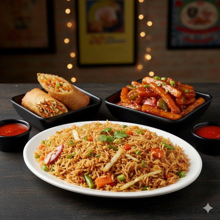 Veg Fried Rice and Chilli Potato and Spring Roll